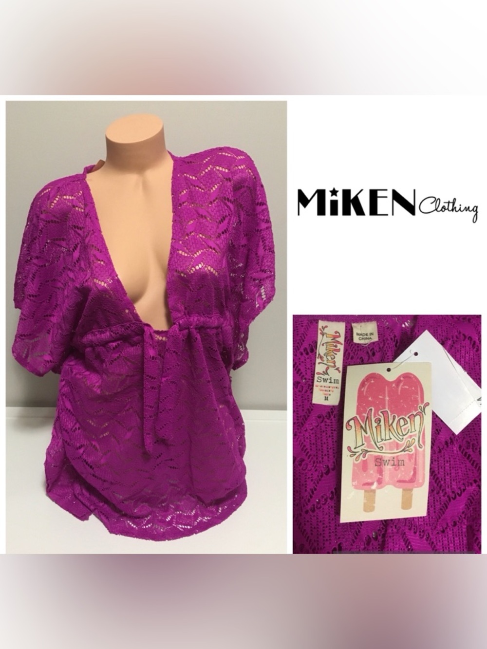 🆕MIKEN SWIM - M - NWT - WOMENS PINK LACE CROCHET KAFTAN / BEACH COVER UP TUNIC